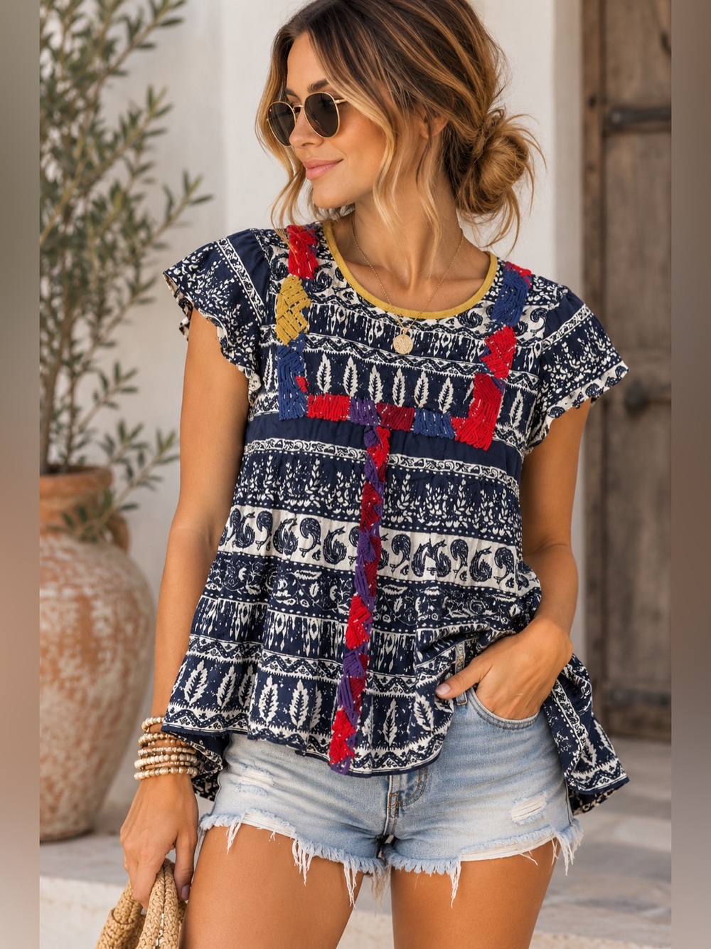 THML Embroidered Tassel Boho Print Flowy Top Navy XS